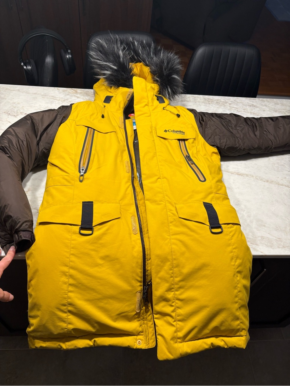 Columbia Yellow & Brown Women's Hooded Ski Puffer Jacket with Faux Fur Trim